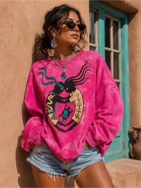Vintage 90s Dagoli Kokopelli Santa Fe Art Pink Oversized Tie Dye Sweatshirt XXL